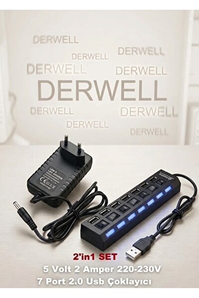 Derwell Yeni 2026 2in1 Set Güç Adaptörü 7 Port Usb Çoklayıcı 5 Volt - 2 Amper...