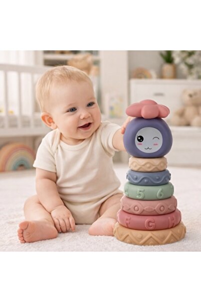 KRUZZEL Jucărie piramidală din silicon cu inele, moale, multicoloră, 6 luni+,...