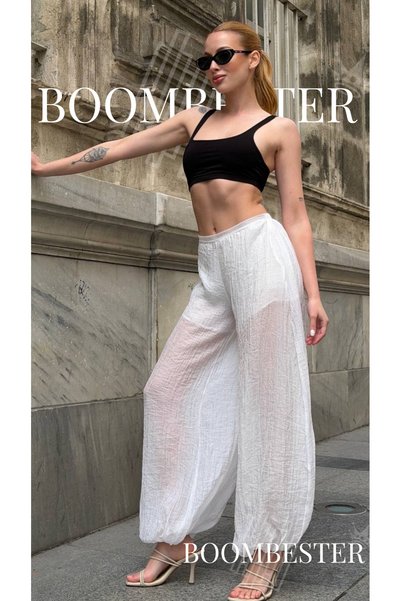 BoomBester Pantaloni Bloomer transparenti pentru femei cu pantaloni scurți la interior – Pantaloni balon boemi de vară, largi și confortabili