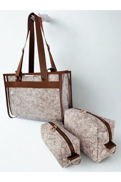 MORA BAG Carrying Bag Full Set Marble Pattern/ Mocha Brown 4 Pieces
