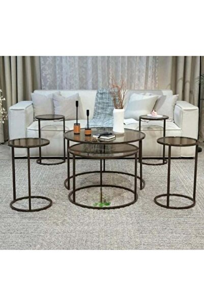 Tables Glass Coffee Table Set with Black Iron Legs - 6 Pieces Contemporary an...