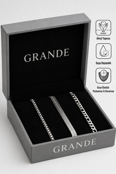 GrandeAccessory 3’lü Unisex Çelik Zincir Bilekik Seti | Paslanmaz Kararmaz Su...