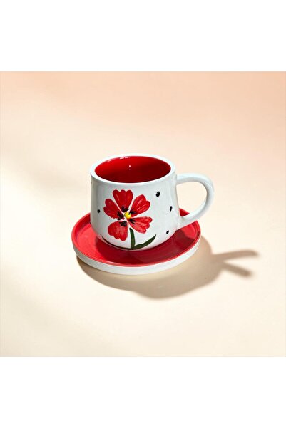 Seramik El İşçiliği Sardunya Çiçeği Desenli Tabakalı Mug Kupa Duble Çay Kahve Fincanı