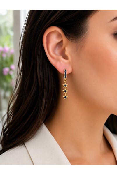 Sistersco Star Detailed Navy Blue Stone Earrings