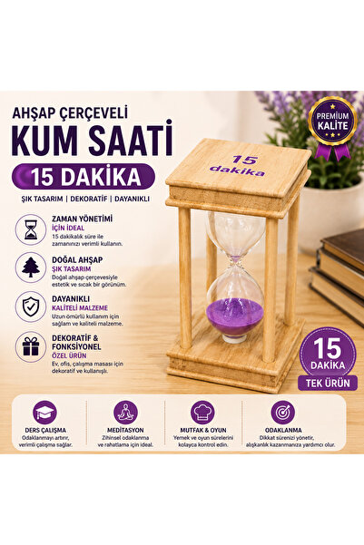 1DepoBu Ahşap Çerçeveli 15 Dakikalık Kum Saati Dekoratif Masa Saati Zamanlayıcı
