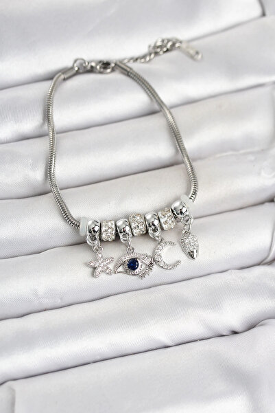 Eco Lounge Brass Silver Color Women's Bracelet with Eye Detail and Charm