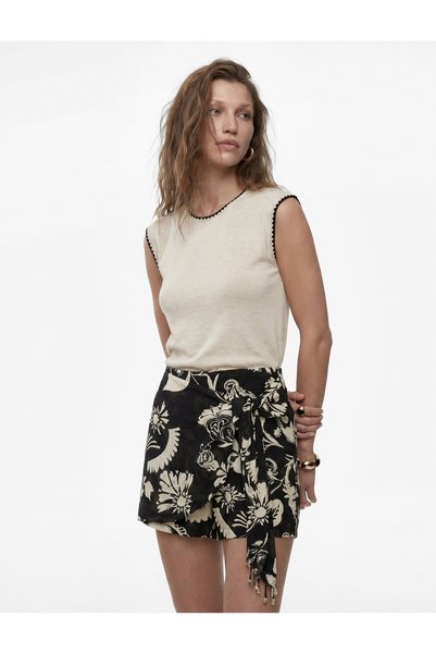 Koton Linen Blend Tied Beaded Floral Patterned Double Breasted Mini Short Skirt