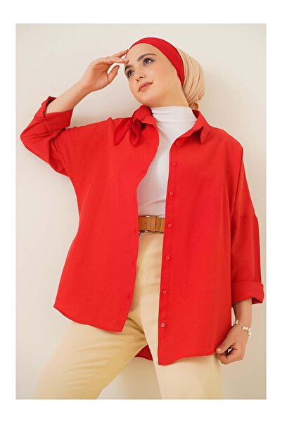 LC Waikiki 103901 Oversize Basic Hijab Shirt with Nevavm Difference - Red
