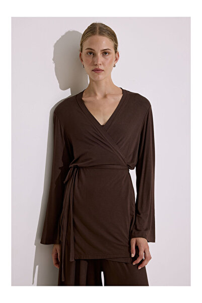 LC Waikiki Nevavm Draped Kimono Brown with a Difference