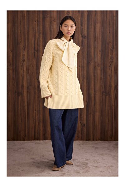 LC Waikiki Nevavm Braided Long Sweater with Difference in Color Butter