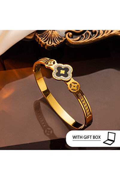 choice2 Golden Black Light Luxury Clover Bangle,White Shell and Titanium Stee...