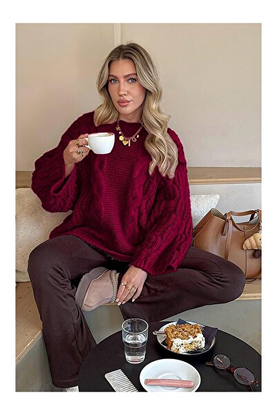 LC Waikiki Nevavm Burgundy Oval Collar Knitted Pattern Women's Knitwear Sweat...