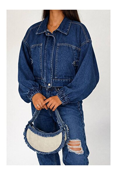 LC Waikiki Nevavm Oversize Denim Jacket with Rubber Cuffs – Dark Blue