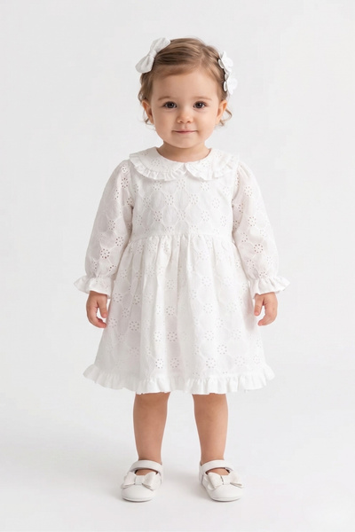 Le Mabelle White Long Sleeve Scallop Collar Detailed Baby Girl Dress - Jesicca