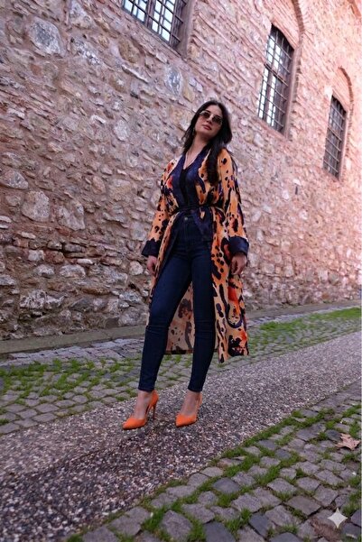 Tasarım FELIN Model Uzun LEOPAR Baskılı Kimono Üst