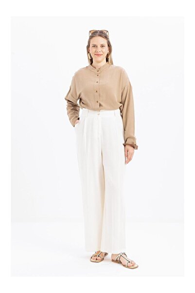 LC Waikiki Nevavm Ecru-Pleated Wide-Leg Linen Trousers with a Difference