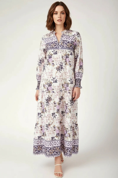 buğrahayalin Women's High Collar, Gathered Waist, Floral Patterned Viscose Pu...