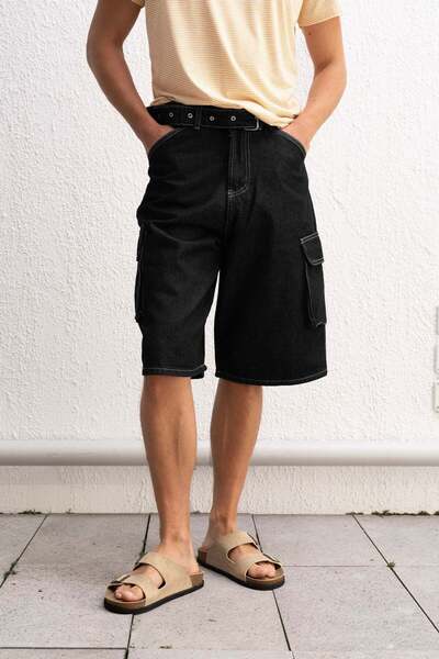 GIESTO Belted Cargo Jeans Black Shorts