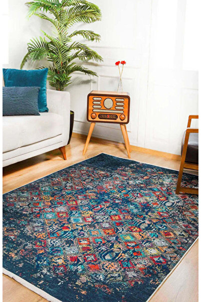 halinet Halı.Net Blue Vintage Antique Washable Non-Slip Living Room Carpet Ha...