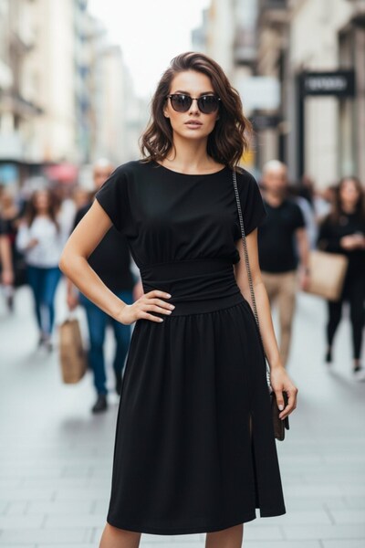 Mossta Short Sleeve Waist Detailed Midi Crepe Dress - Black