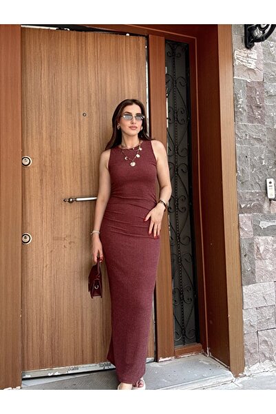 Butik Bordo Bürümcük ZR Model Büzgü Detay Elbise