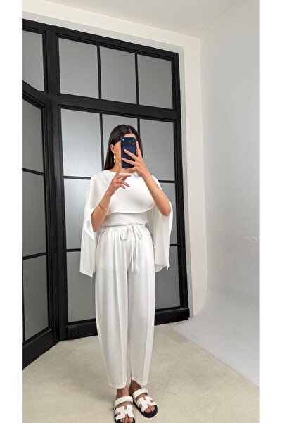 GAUS CO White Cape Detailed Blouse Elastic Waist Pants Double Design Modal Su...