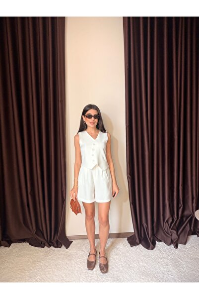 LOISY Set de damă premium cu vestă și pantaloni scurți, cu decolteu în V