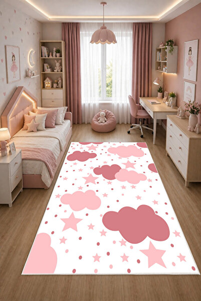 Mortapi Pembe Bulut Desenli Dijital Baskılı Yıkanabilir Kaymaz Taban Kız Çocu...