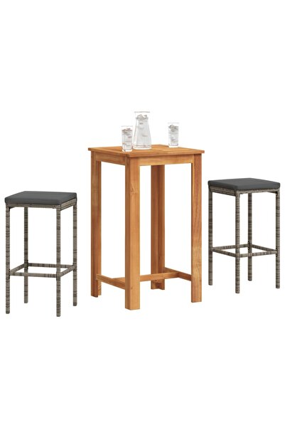vidaxl Set bar de gradina, 3 piese, gri, lemn masiv acacia/ poliratan