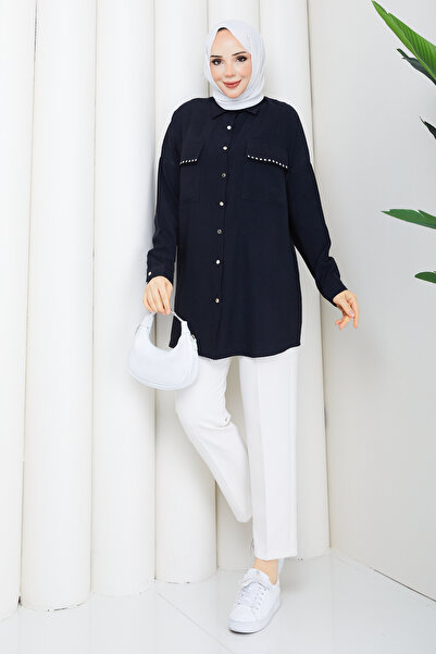 Pamuk Butik Women's Stone Embellished Pocketed Shirt Tunic