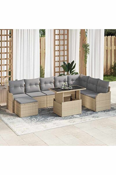 vidaxl Set de canapele pentru gradina cu perna 9 pcs Bej Rattan poli