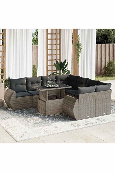 vidaxl Set canapele de gradina, 9 piese, cu perne, gri, poliratan