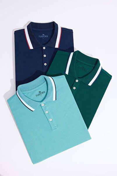 Tudors Erkek 3'lü Paket Lacivert-Turkuaz-Yeşil-Slim Fit Dar Kesim Pamuklu Düz...