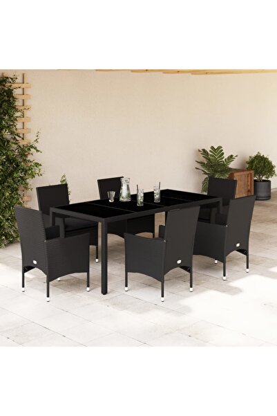vidaxl Set mobilier de gradina cu perne 7 piese negru poliratan&sticla