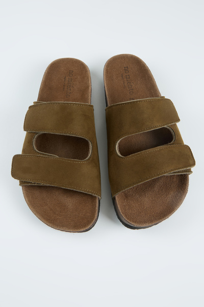 no miento Vega Men's Vegan Leather Double-Strapped Velcro Khaki Slippers