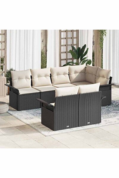 vidaxl Set de canapele pentru gradina cu perna 7 pcs Negru poliratan