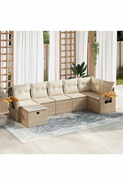 vidaxl Set canapele de gradina, 7 piese, cu perne, bej, poliratan
