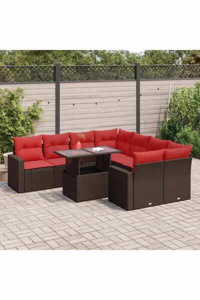 vidaxl Set canapele de gradina cu perne, 9 piese, maro, poliratan