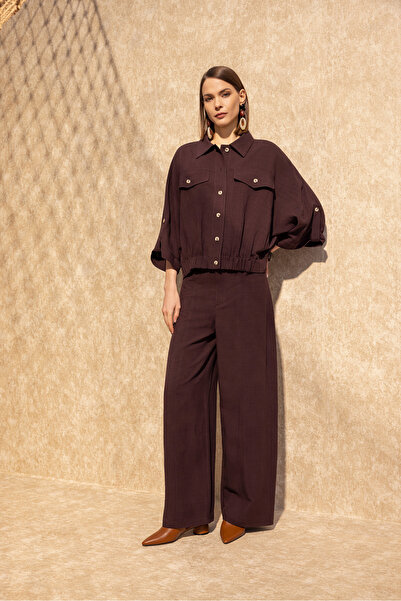 Berr-ın Geniş Paça Linen Pantolon Mürdüm
