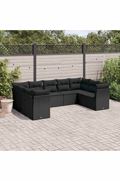 vidaxl Set mobilier de gradina cu perne, 9 piese, negru, poliratan