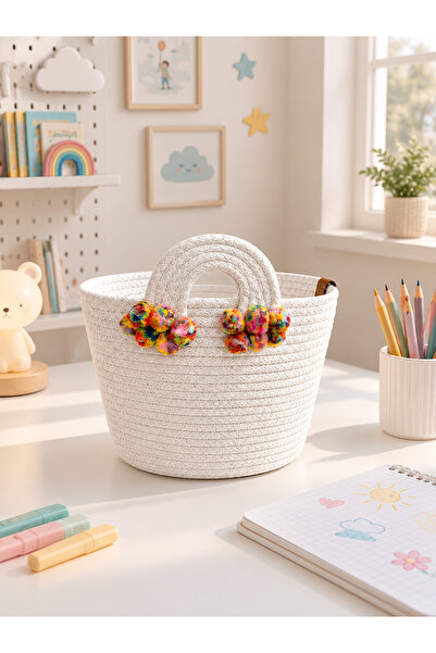 Quality Coș decorativ tricotat pentru camera copiilor 20x18 cm cu pompon colorat