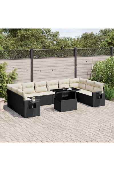 vidaxl Set canapele de gradina cu perne, 11 piese, negru, poliratan