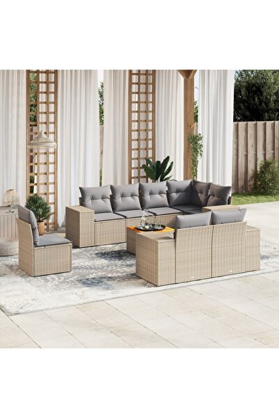 vidaxl Set canapele de gradina, 9 piese, cu perne, bej, poliratan