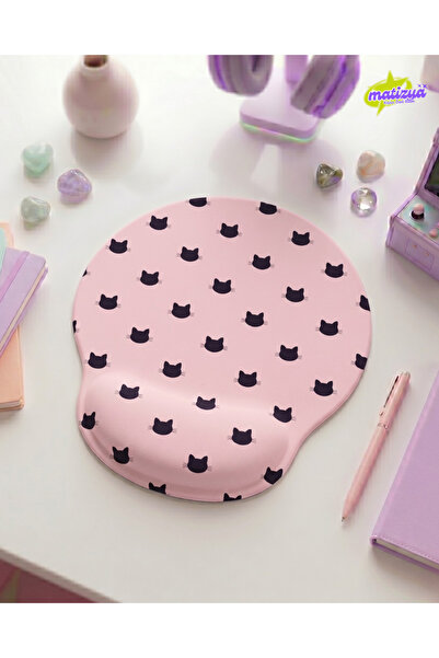 matizya Siyah Kedi Desenli Bilek Destekli Mouse Pad Ergonomik Jel Mousepad Ka...