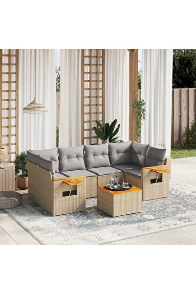 vidaxl Set canapele de gradina, 7 piese, cu perne, bej, poliratan