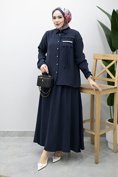 Tesettür Dünyası Pocket Stone Detailed Skirt Suit Tsd260209 Navy Blue