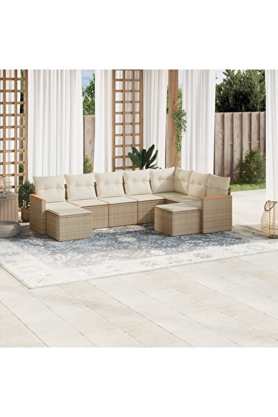 vidaxl Set canapele de gradina, 9 piese, cu perne, bej, poliratan