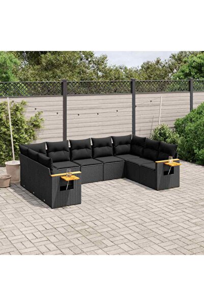vidaxl Set mobilier de gradina cu perne, 9 piese, negru, poliratan