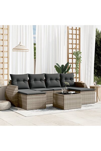 vidaxl Set canapele de gradina, 7 piese, cu perne, gri, poliratan