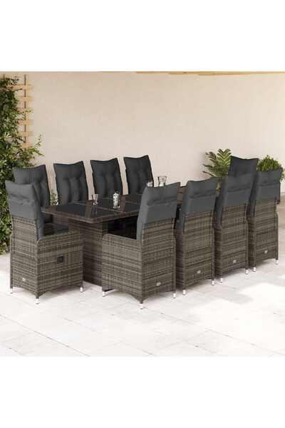 vidaxl Set bistro de gradina cu perne, 11 piese, gri, poliratan
